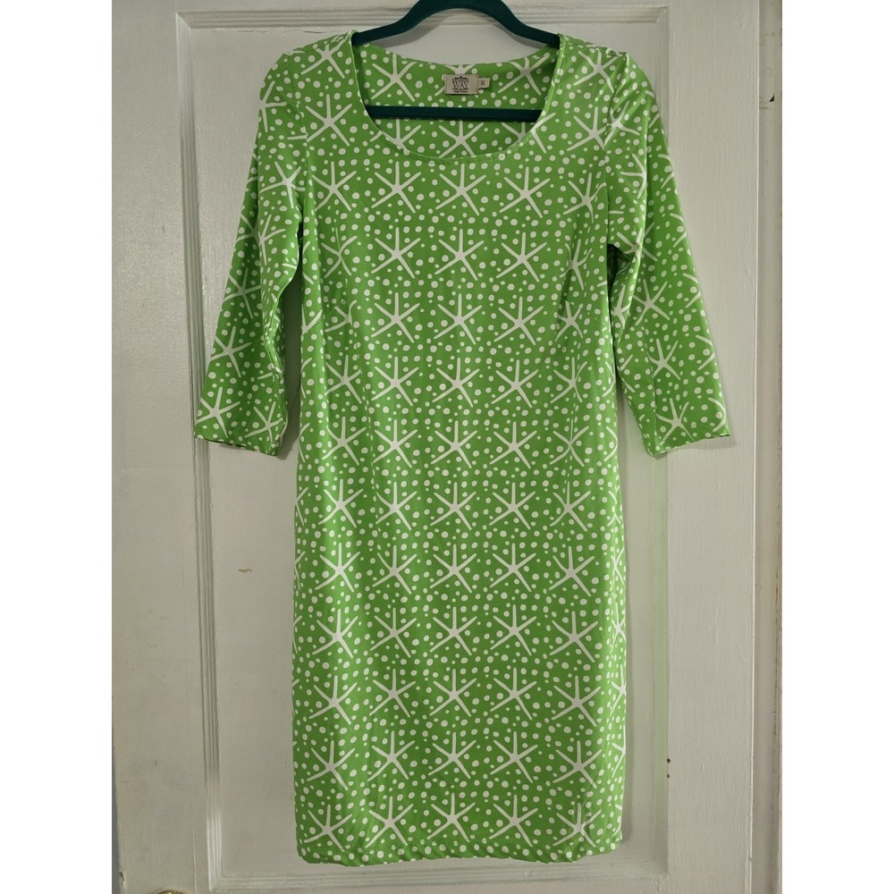Katherine Way Dress Size Medium Green White Starfish Shift 3/4 Sleeve